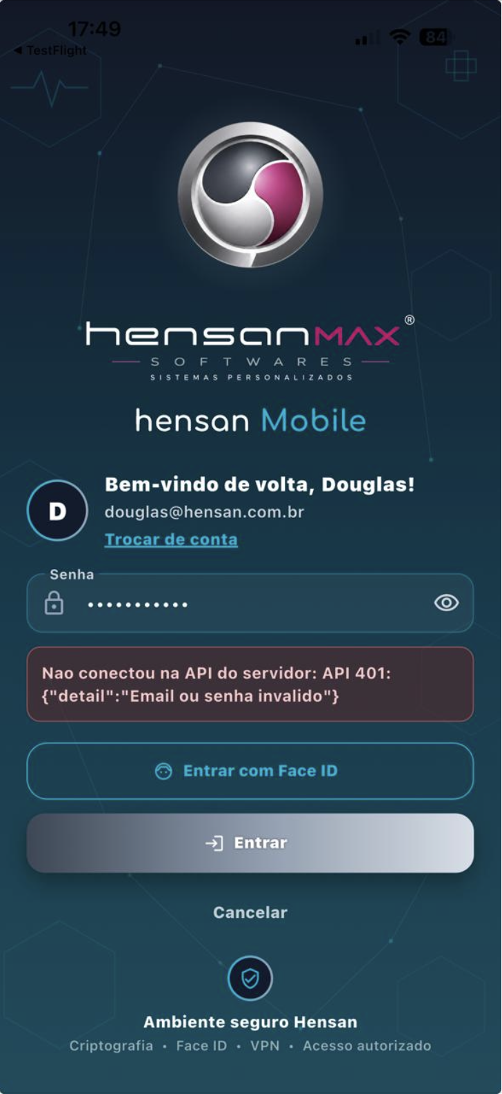 Tela real de acesso do Hensan Mobile